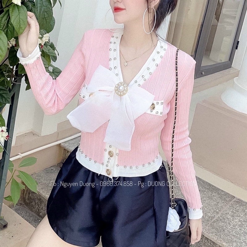 ☘️Áo Len Dệt Kim Nữ Dài Tay Cổ Đính Đá Kèm Nơ Ngực Tiểu Thư Hàn Quốc