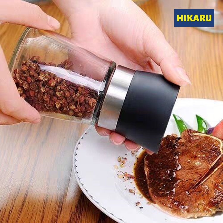 Cối Xay Tiêu Thủy Tinh Cầm Tay Cao Cấp Loại 1 HIKARU_HK-NA-007_Xay Hạt Tiêu, Hạt Khô, Inox Bằng Tay