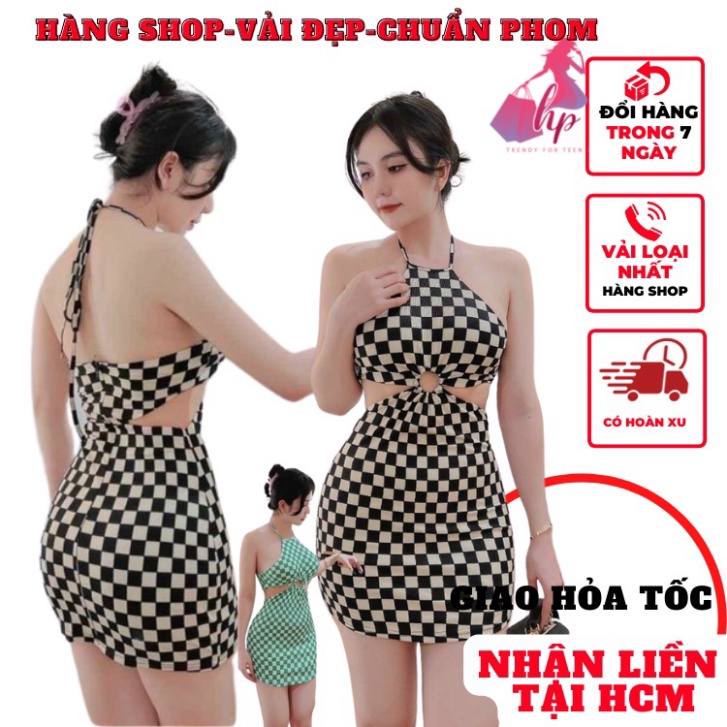 Váy đầm yếm nữ cột dây khoét eo hở lưng sọc caro dáng ngắn kiểu hàn quốc thời trang VD203 -HP Teen