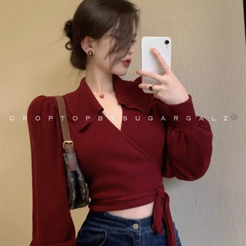 Áo croptop vạt chéo cổ sơ mi tay bồng thắt nơ dây cột màu đỏ ấm áp - by CBS