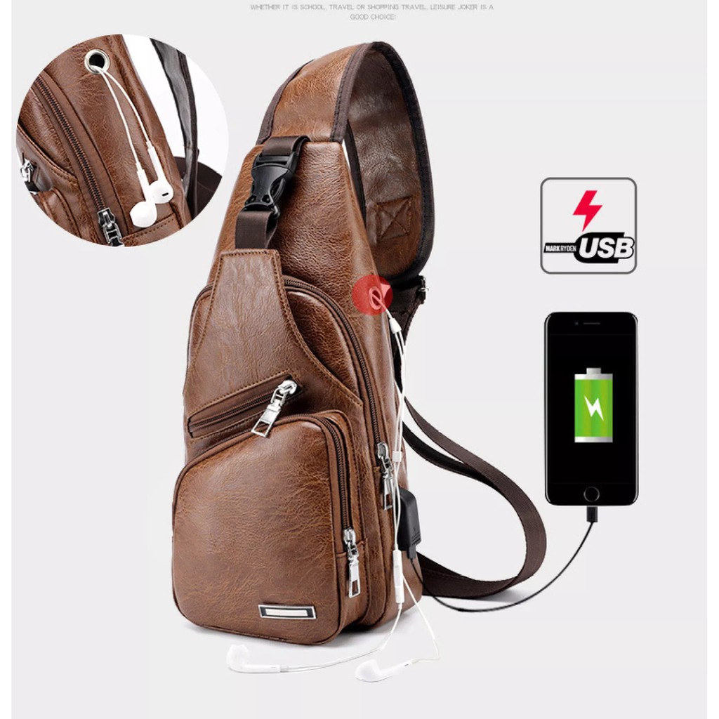 Túi đeo chéo nam da cao cấp có cổng sạc USB và lỗ tai nghe thời trang Hàn Quốc-TẶNG CÁP SẠC USB