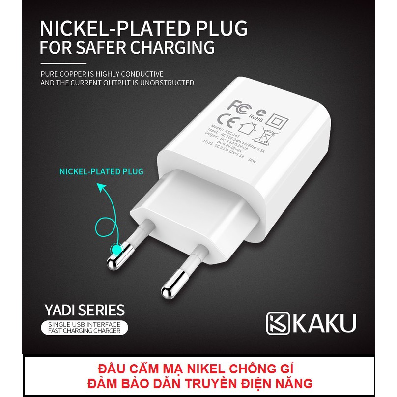 Cốc sạc nhanh KAKU - Chuẩn QUICK CHARGE 3.0A 18W - sạc chống cháy cách nhiệt - Củ sạc nhanh cục sạc nhanh