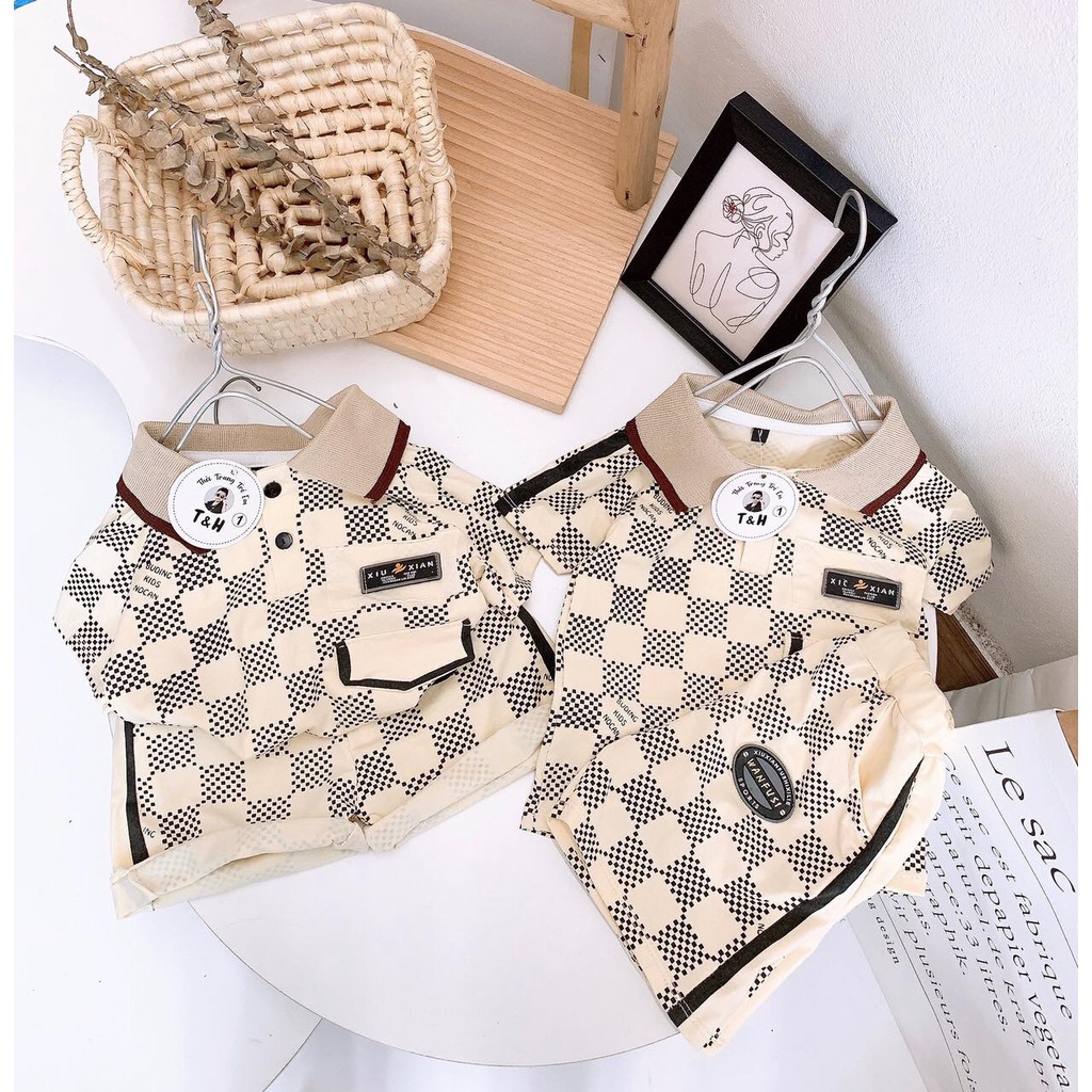 Bộ quần áo set Bé trai họa tiết Karo Nâu Cotton cực chất cho bé từ 6 tháng -  5 Tuổi