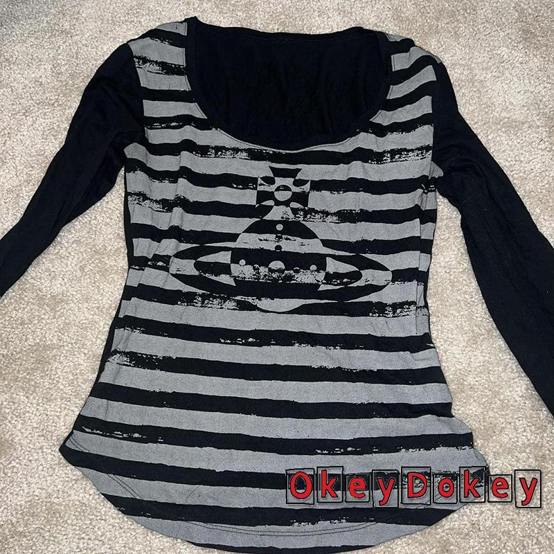 Áo Thun Crop Top In Họa Tiết Kẻ Sọc Phong Cách Gothic Dễ Thương Thời Trang Cho Nữ OKDK-Y2K