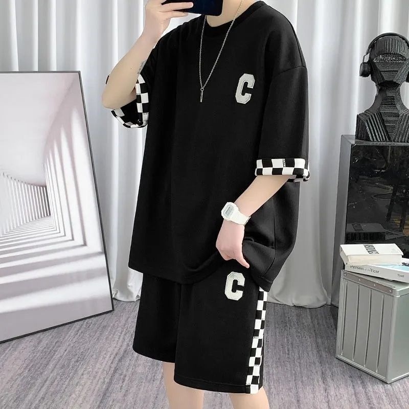 Set Đồ Thể Thao Ngắn Tay Họa Tiết Ô Vuông Thời Trang Mùa Hè Cho Nam
