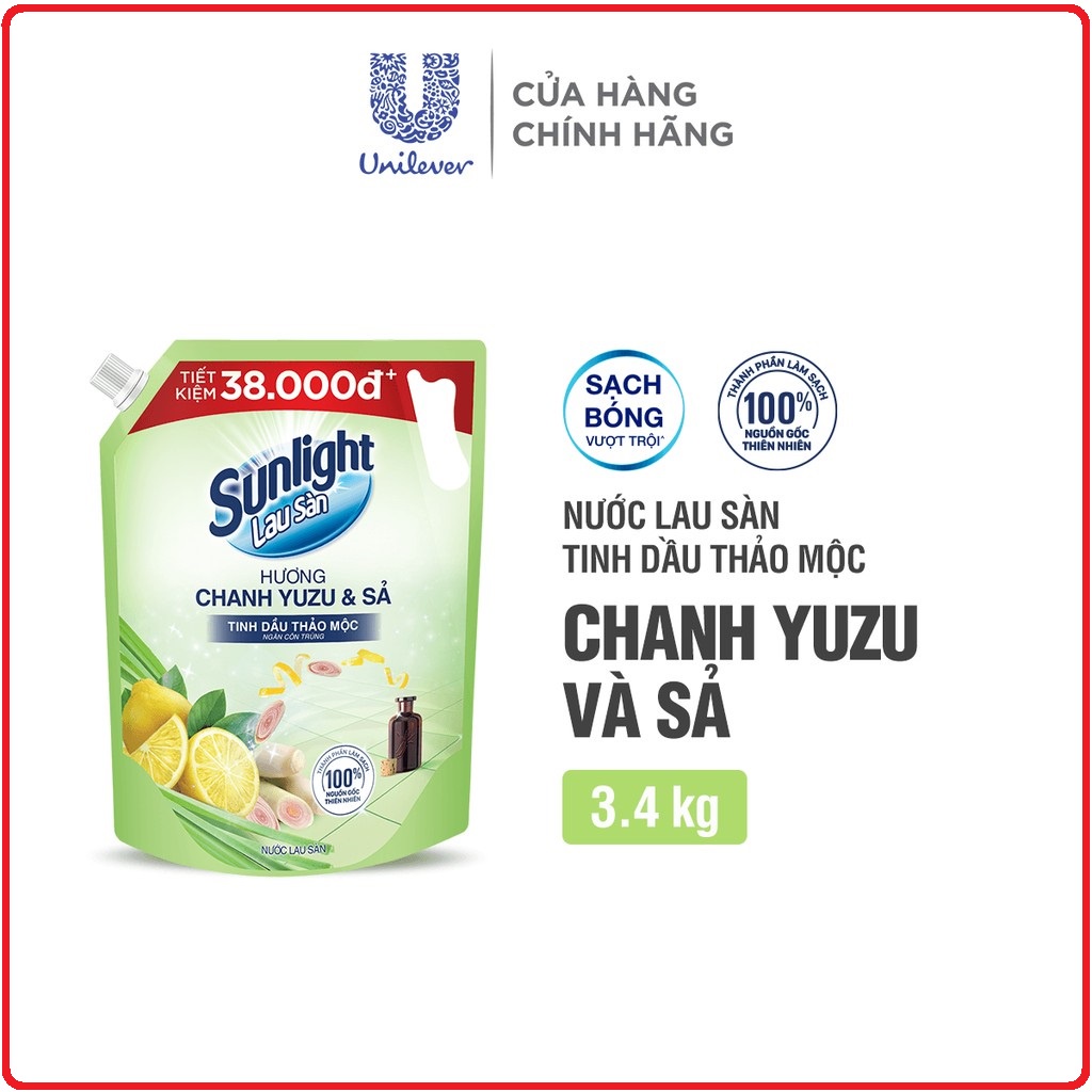 Nước Lau Sàn SUNLIGHT Tinh Dầu Thảo Mộc Thiên Nhiên Túi 3,4Kg