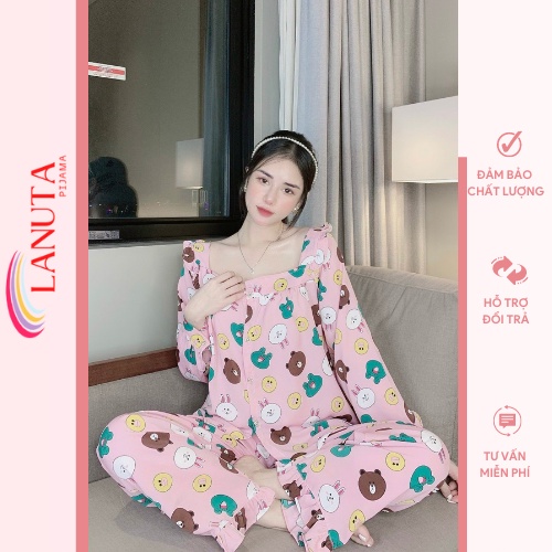 Bộ Đồ Nữ Pijama Lụa Ngủ Mặc Nhà Tiểu Thư Dễ Thương Tay Dài Quần Dài LANUTA CV