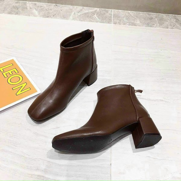 Giày boot nữ da mềm 2021 B SHOES, boot thấp cổ lót nỉ khóa sau, mũi vuông, thiết kế đơn giản siêu thời trang, cao 5p B11