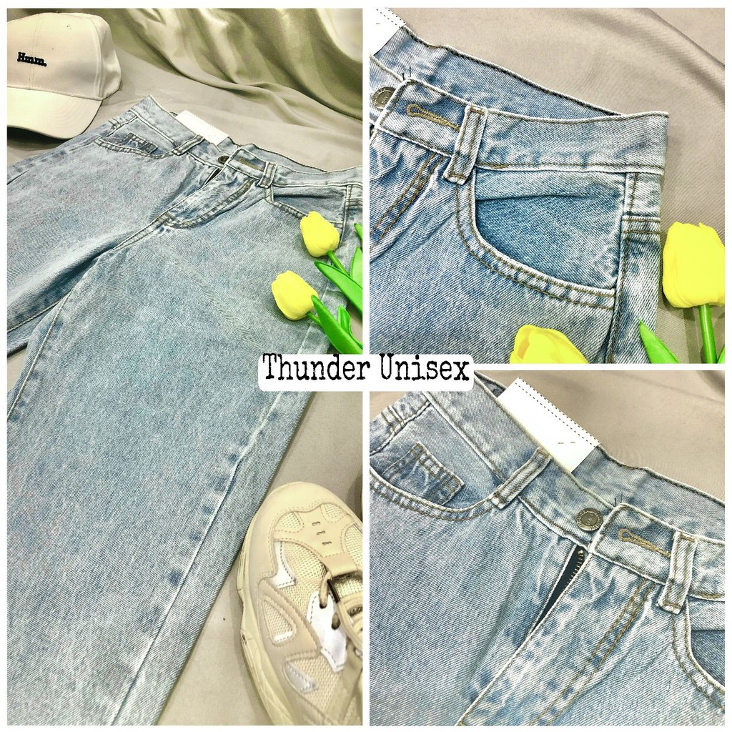 Quần Jean Nữ Dáng Baggy Thunder Unisex Cạp Lưng Cao Trơn, Ống Xuông, Rộng, Ulzzang Hàn Quốc, Co giãn ( VIDEO - ẢNH THẬT)