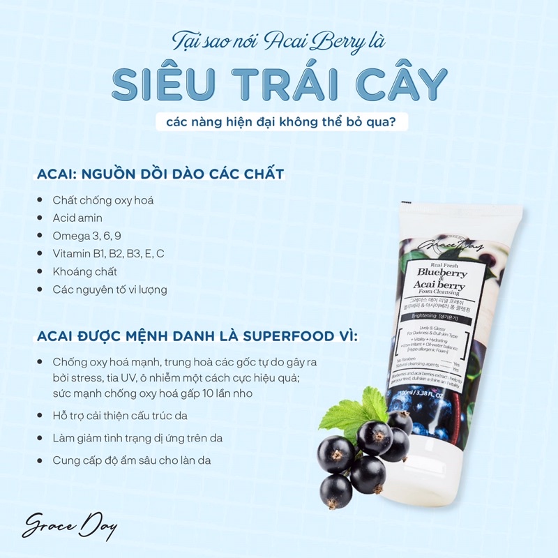 Sữa rửa mặt GRACEDAY chiết xuất Quả Việt quất và Quả Acai giúp làm sáng da 100ml