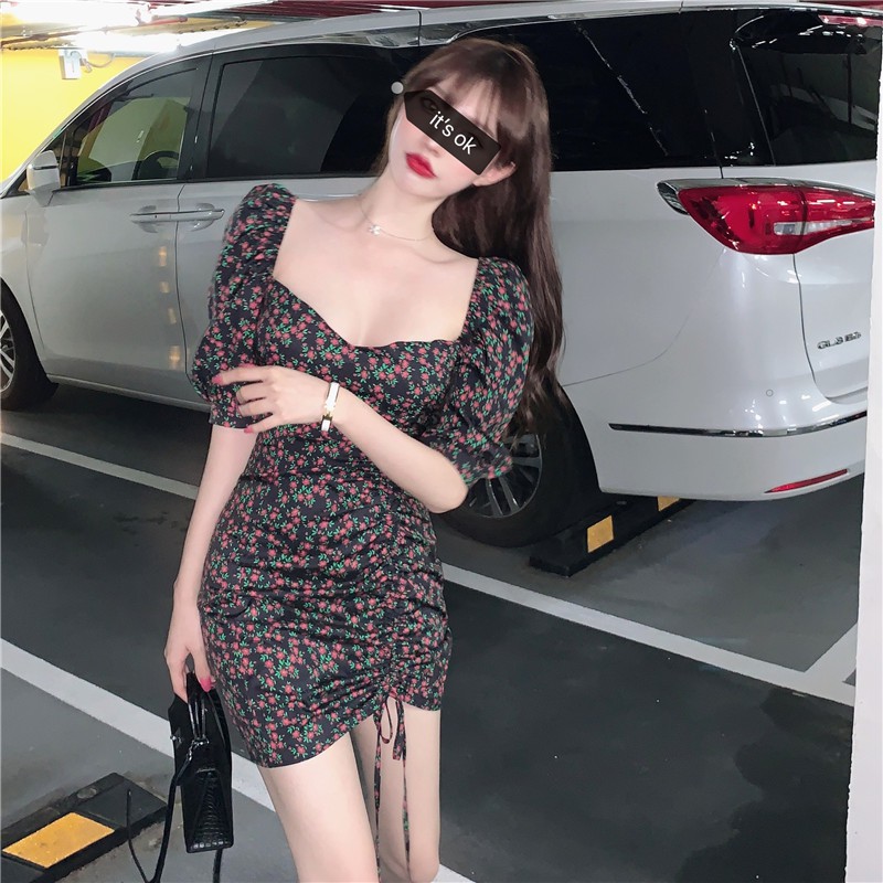 Váy Nữ, Đầm Nữ Hoa Nhí Cổ Vuông , Ôm Dáng Có Dây Rút SIXTEEN. | BigBuy360 - bigbuy360.vn