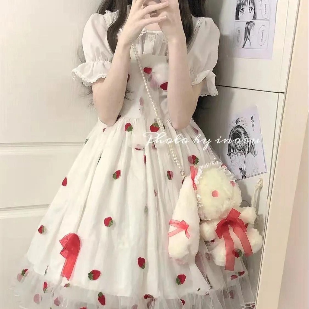 Set Áo Sơ Mi Trắng Cổ Búp Bê + Chân Váy Xòe Họa Tiết Dâu Tây Phong Cách Hàn Quốc Xinh Xắn Cho Nữ
