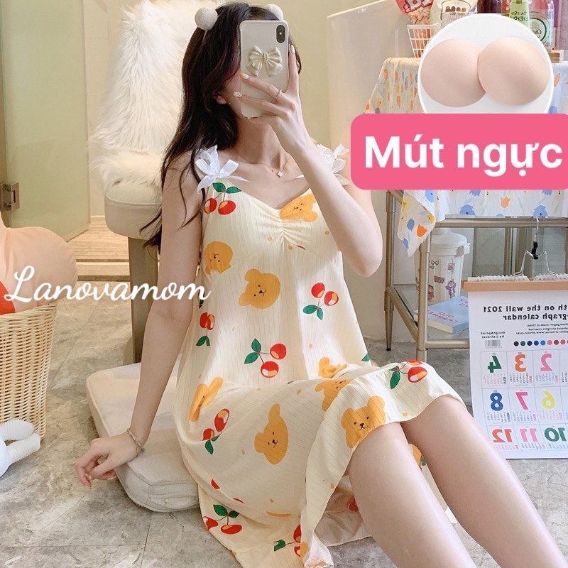 Đầm ngủ xinh_Váy ngủ 2 dây quai ren đính nơ kèm đệm ngực chất thun sữa mềm mát V292