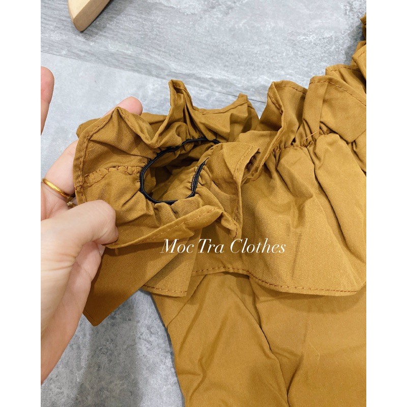 Váy trễ vai nâu tây phối bèo dáng xoè chữ A ngắn tiểu thư siêu xinh, Đầm dự tiệc bẹt vai chất thô mềm đẹp | BigBuy360 - bigbuy360.vn