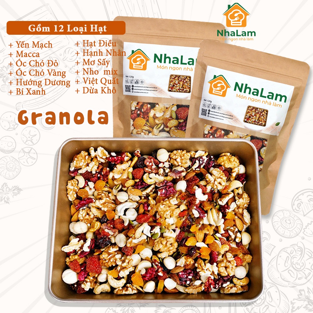 Granola Siêu Hạt Mix 12 Loại Hạt, Ngũ Cốc Giảm Cân Thêm Macca, Óc Chó Đỏ, Dừa Khô