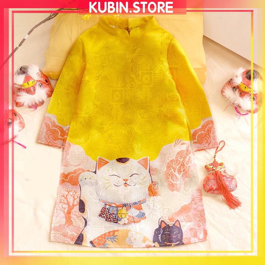 Áo dài cách tân cho bé chơi tết in mèo chất liệu gấm cao cấp size từ 1 đến 9 tuổi , KUBIN STORE thời trang tre em