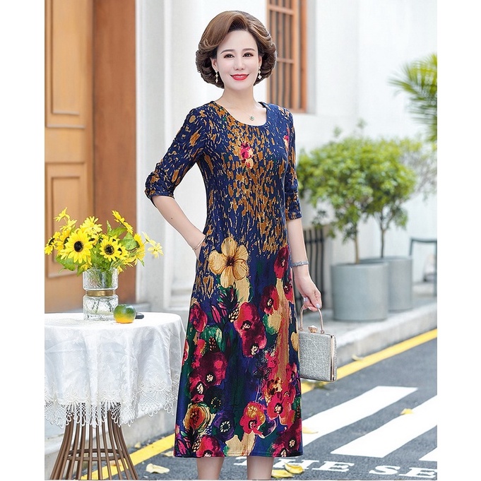 Đầm dự tiệc tay dài phong cách thanh lịch thời trang cho phụ nữ trung niên