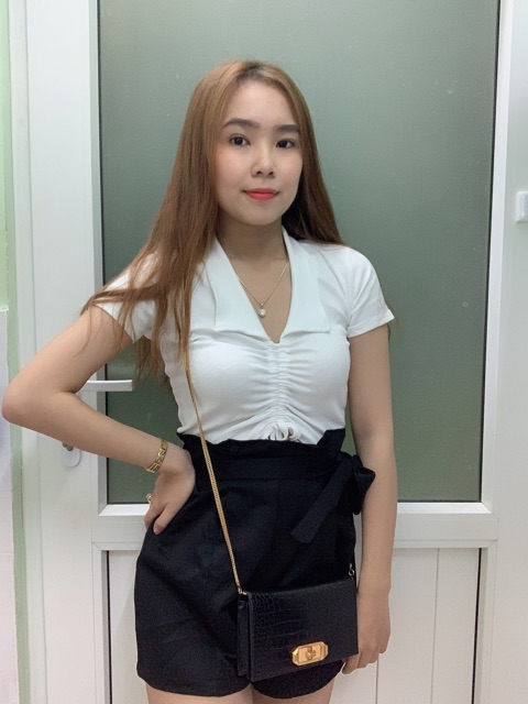 Áo thun Croptop cổ sơ mi dây rút