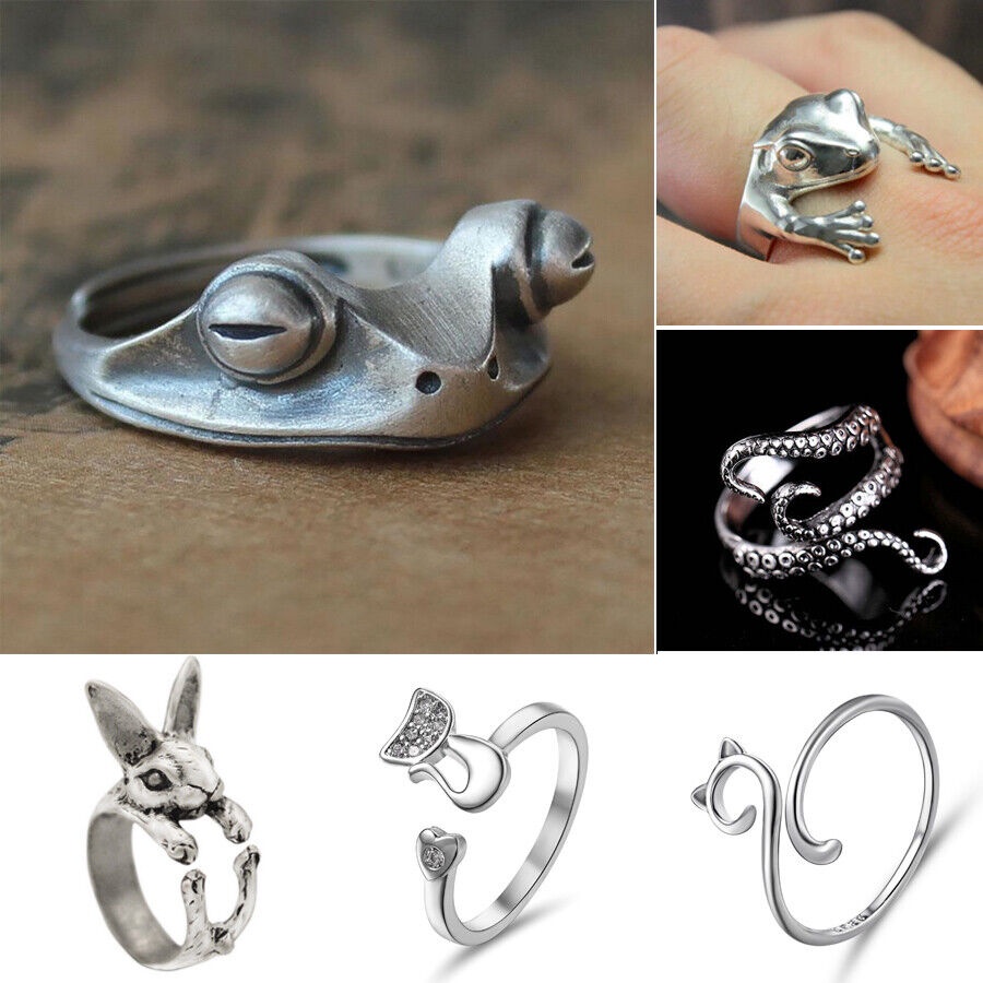 Nhẫn Hở Mạ Bạc 925 Hình Cú / Mèo / Ếch Có Thể Điều Chỉnh Kích Cỡ