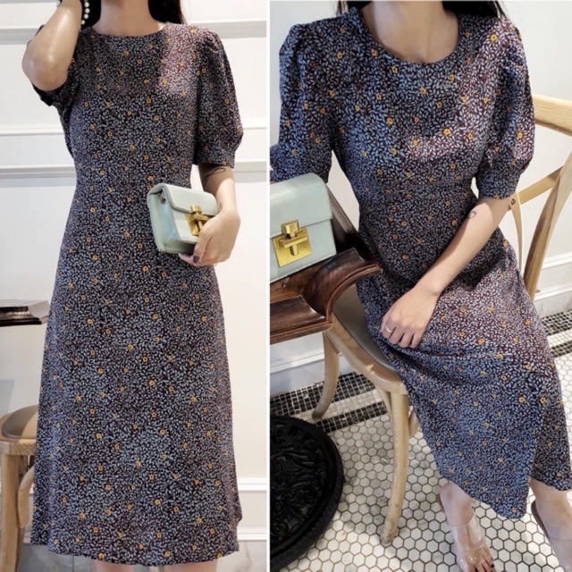 Váy hoa nhí vintage cổ tròn ngắn tay dáng dài qua gối Ulzzang style🌸 Hàng Quảng Châu | BigBuy360 - bigbuy360.vn