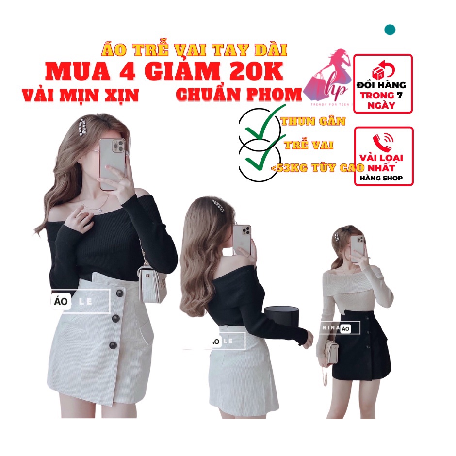 Áo nữ kiểu trễ vai tay dài ôm body vải thun gân xịn trơn kiểu sang chảnh phong cách hàn quốc