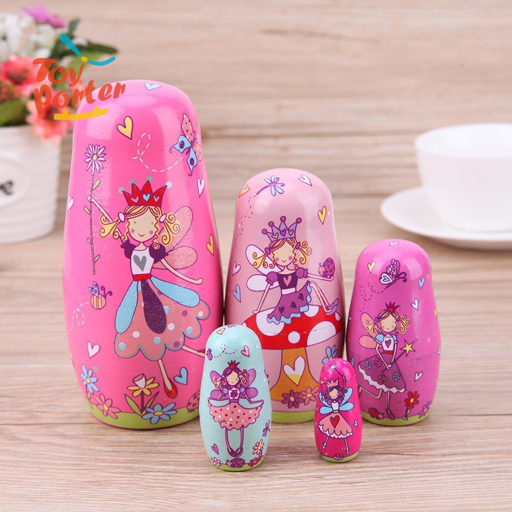 Set 5 búp bê Nga Matryoshka làm từ gỗ đoạn màu hồng độc đáo