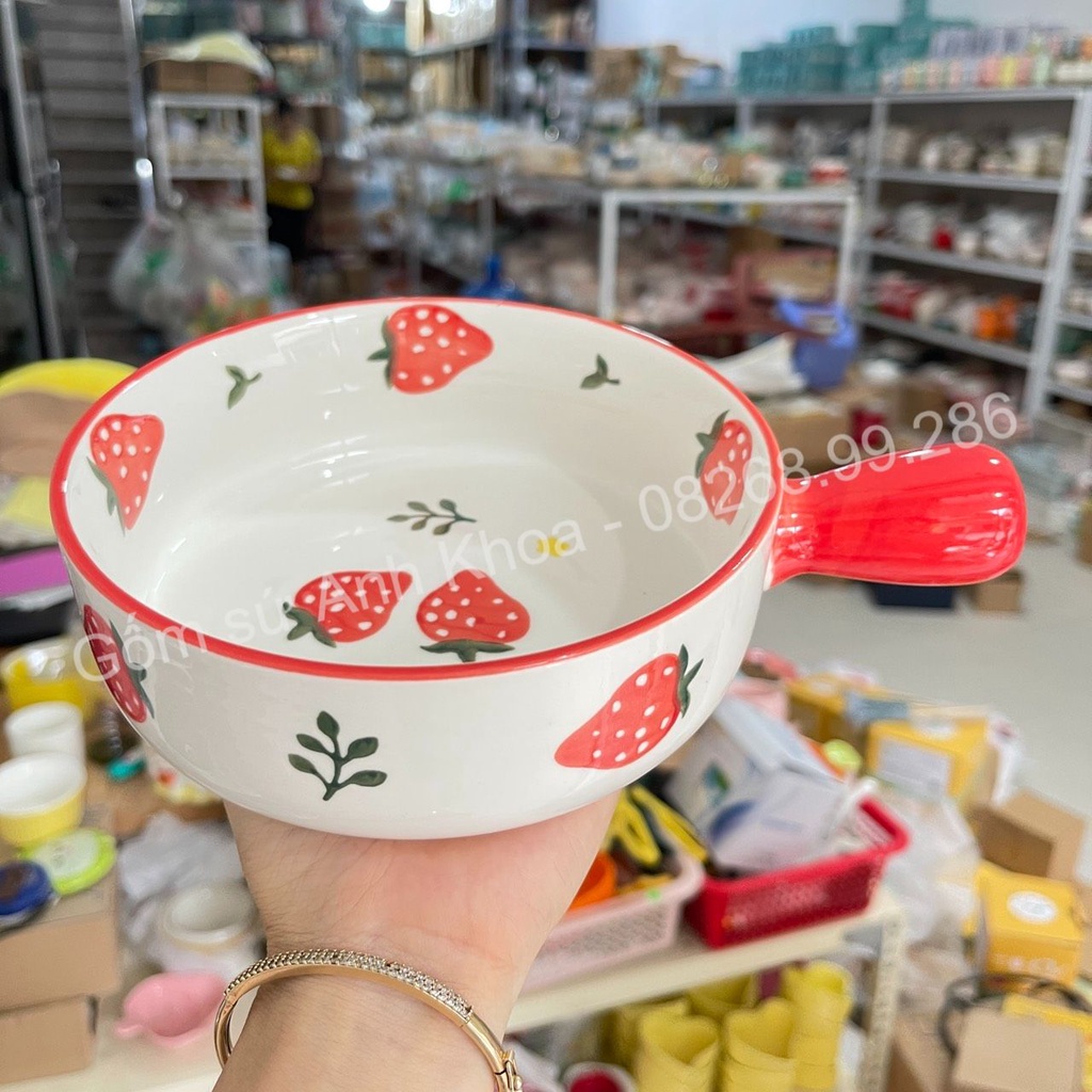 Bộ Chén Dĩa Sứ Bát Ăn Cơm Đĩa Sứ Dễ Thương Cute sét dâu 24 món màu đỏ Decor cao cấp.