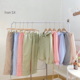Bộ đồ ngủ mặc nhà , Pijama nữ tay dài quần dài cổ chữ V viền bèo, kẻ caro, chất liệu đũi nhăn