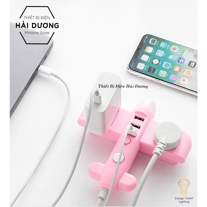 Ổ Cắm Điện Thông Minh Hình Máy Bay Có Đèn Ngủ Chuyển Đổi Đa Chức Năng - Có Đầu Cắm USB - Tặng kèm phích chuyển 3 chân