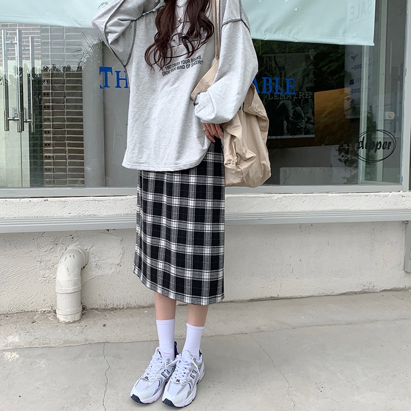 Chân váy chữ A SUXI lưng cao họa tiết sọc caro phong cách cổ điển thời trang cho nữ