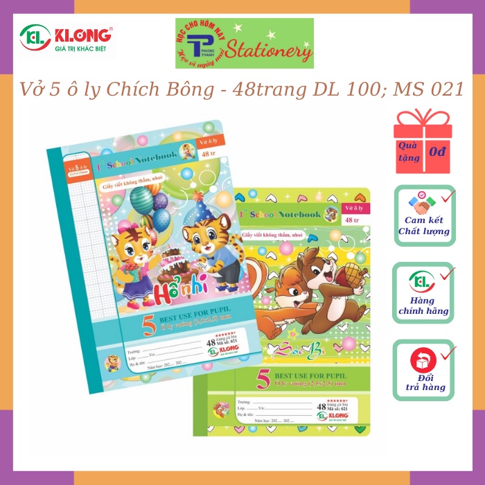 Vở 5 ô ly, 4 ô ly 48tr, 80tr Klong định lượng 100g/m2 bìa hình chích bông, mèo tít, hổ nhi, sóc bi; MS: 021,022, 005