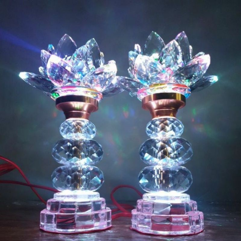 Cặp đôi đèn Đèn thờ cúng hoa sen pha Lê 22cm