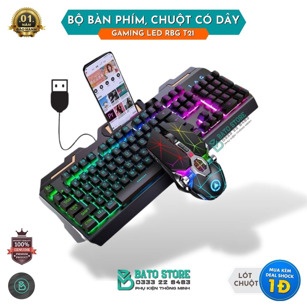 Bàn Phím Có Dây Giả Cơ Gaming Cao Cấp T21 - Khung Kim Loại Sang Trọng, Chắc Chắn, Có Chỗ Kê Điện Thoại