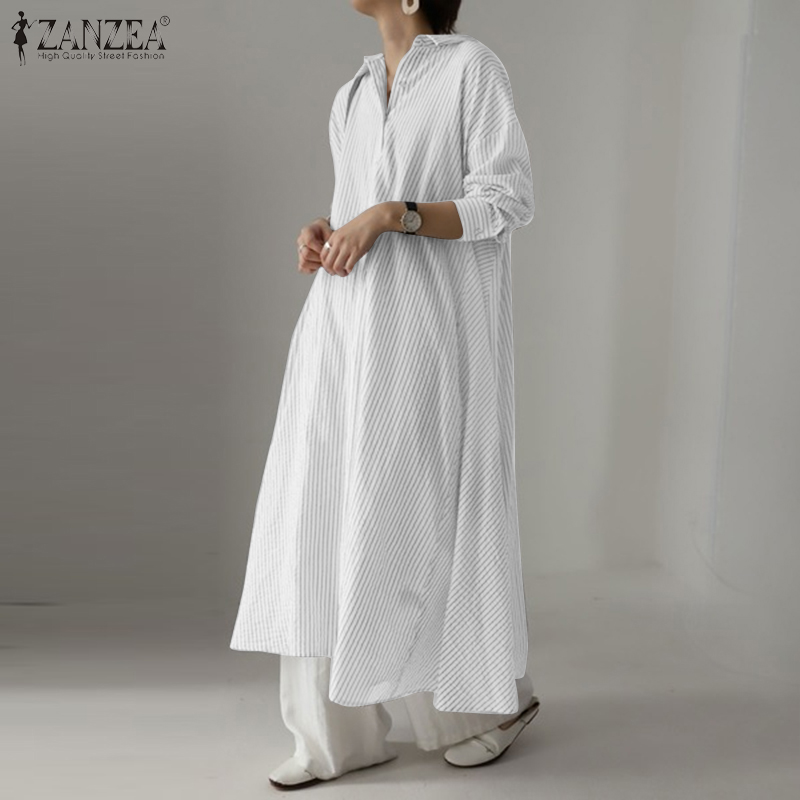 Đầm maxi ZANZEA dáng rộng cài nút ve áo in họa tiết kẻ sọc giản dị cho nữ