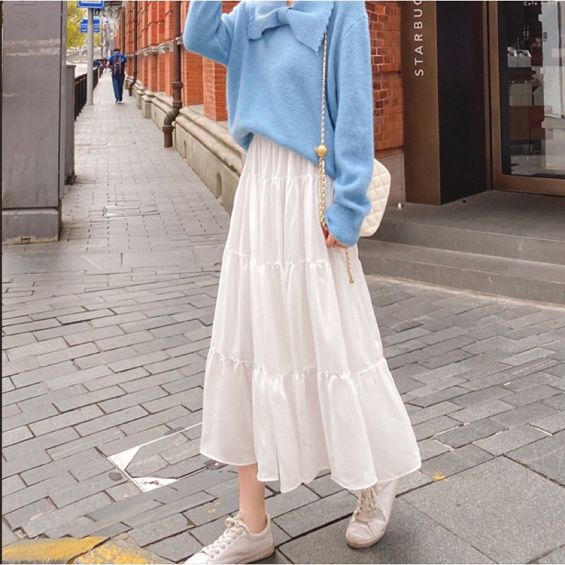 Chân váy voan xoè dáng dài phong cách ulzzang thời trang nữ có lót trong màu trắng đen | BigBuy360 - bigbuy360.vn