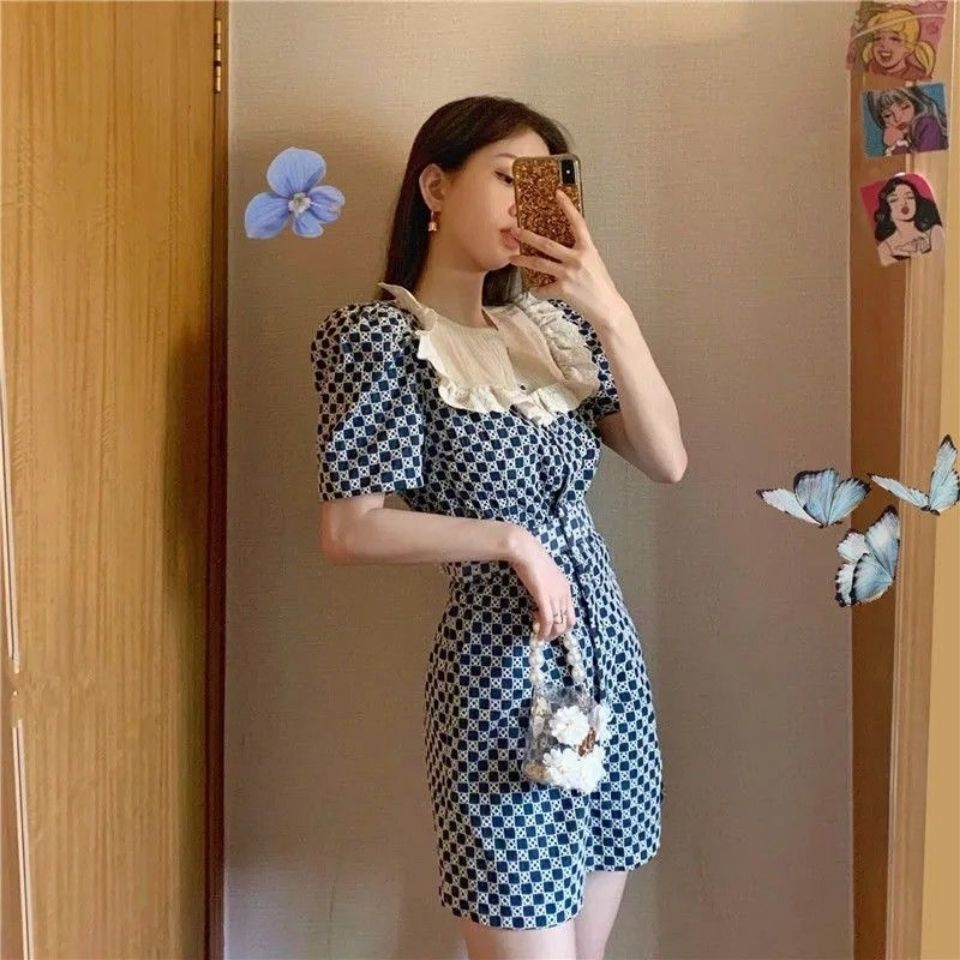 Jumpsuit Ngắn Họa Tiết Sọc Caro Phong Cách Retro Pháp Thời Trang Mùa Hè Cho Nữ