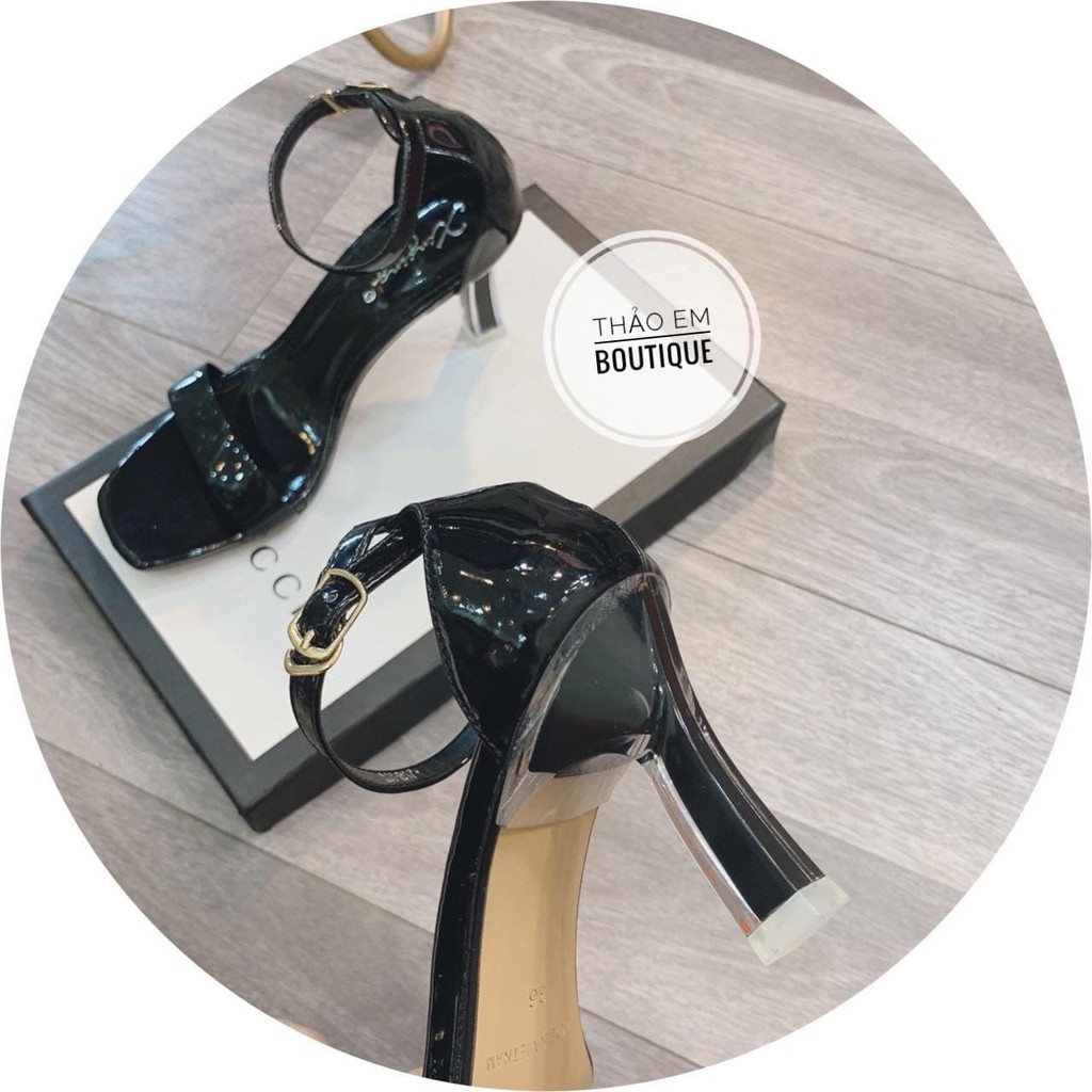 Sandal bít gót da bóng quai mảnh gót nhọn 5 phân màu đen/kem