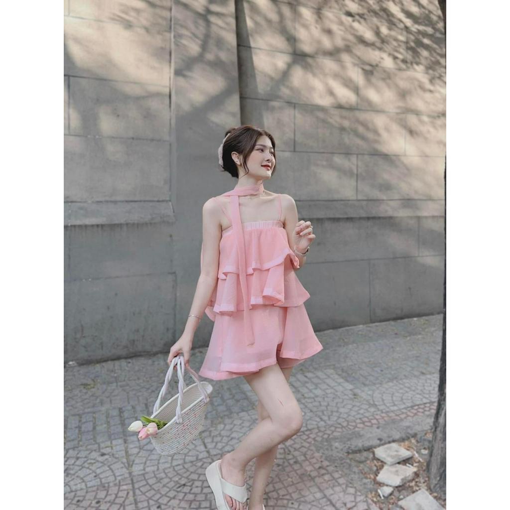 SET ĐẦM BỐNG TẦNG HỒNG CAM BBD BÈO TẦNG + QUẦN SHORT KEM CAM (TH)