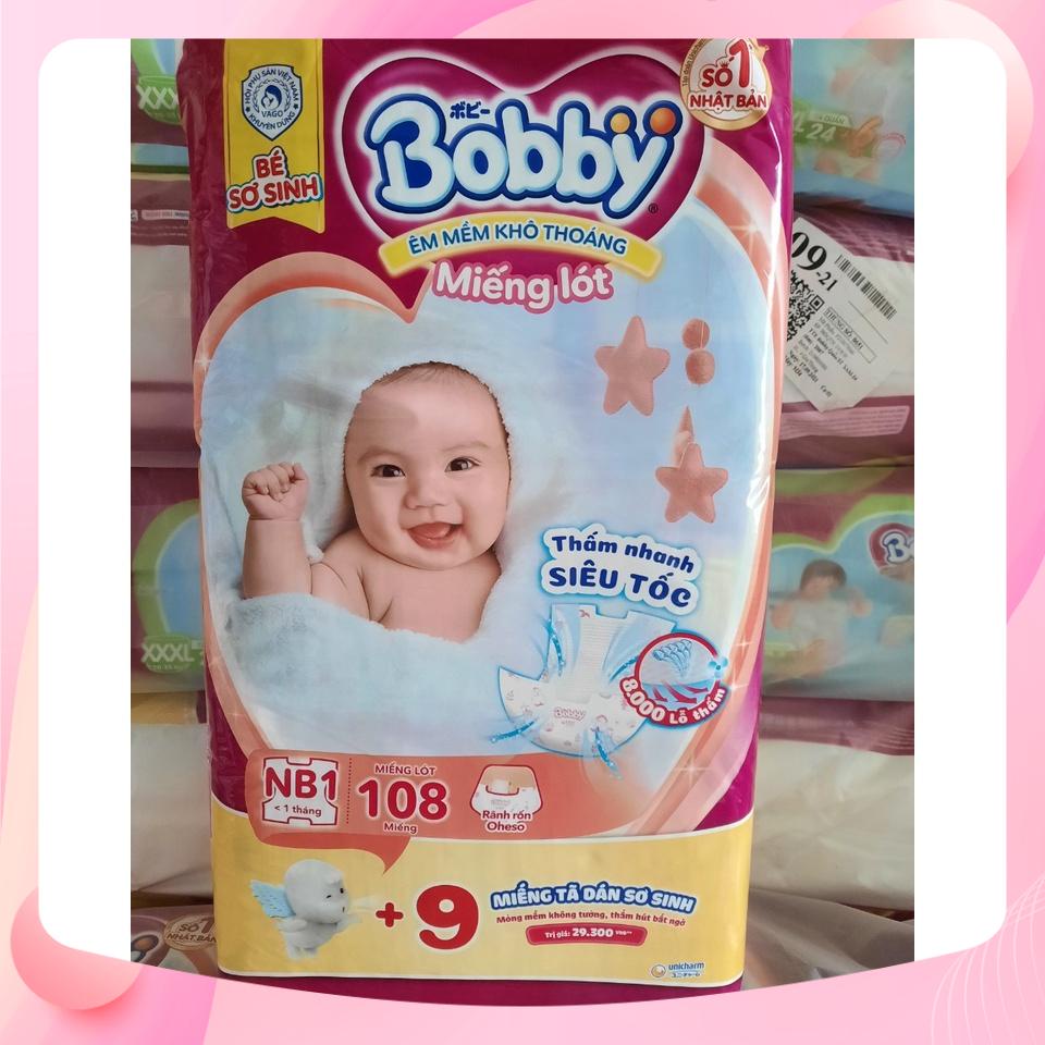 Tấm lót bobby 108 miếng mẫu mới tặng kèm 9 miếng tả dán sơ sinh, miếng lót bobby sơ sinh trẻ dưới 1 tháng tuổi