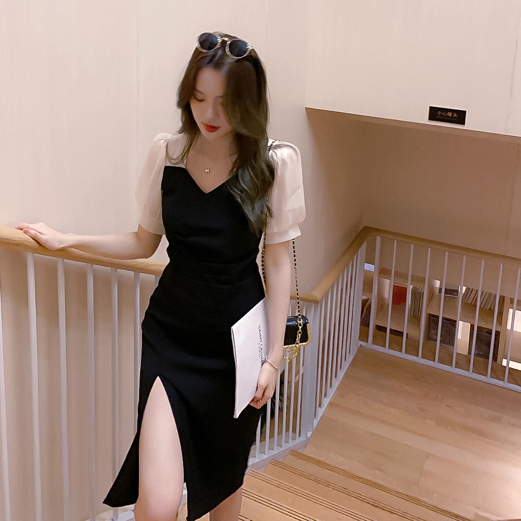 CÓ SẴN - Váy suông tay bồng đen, dáng dài, ngắn- Váy Xẻ Tà Quảng Châu -Tikbook Store