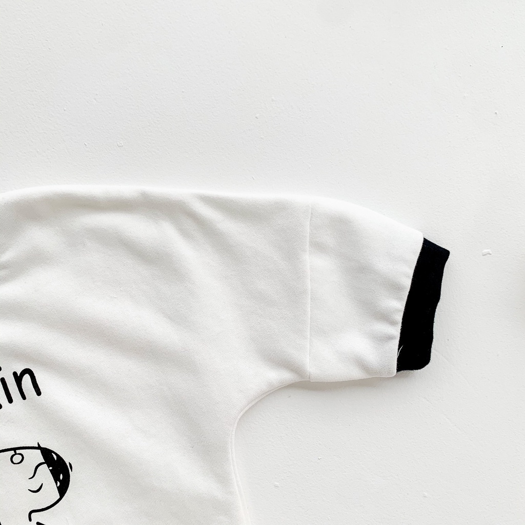 Áo liền quần dài tay quần dài cổ tròn họa tiết kẻ sọc ngang một bên tay áo màu trơn cho trẻ sơ sinh