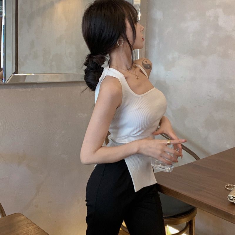 Áo Hai Dây Dệt Kim Màu Trắng Phong Cách Retro Đơn Giản