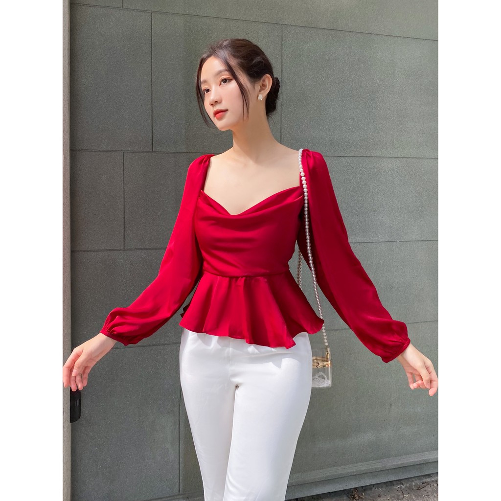 RECHIC Áo Kiểu Monissy màu đỏ cổ thuyền cột dây nơ lưng tay dài chiết eo xinh xắn thanh lịch đi chơi đi làm