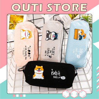 Bóp Viết Vải Canvas Có Khóa Zip Nhựa To, Hộp Bút To Hình Chó Shiba, Đựng Nhiều Máy Tính QUTI HBV18