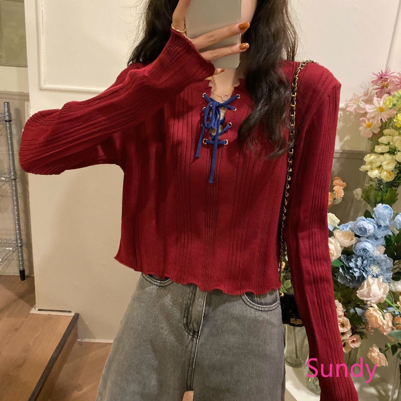 Áo Dệt Kim Dài Tay Phối Dây Rút Thời Trang Mùa Thu Hàn Quốc Dành Cho Nữ