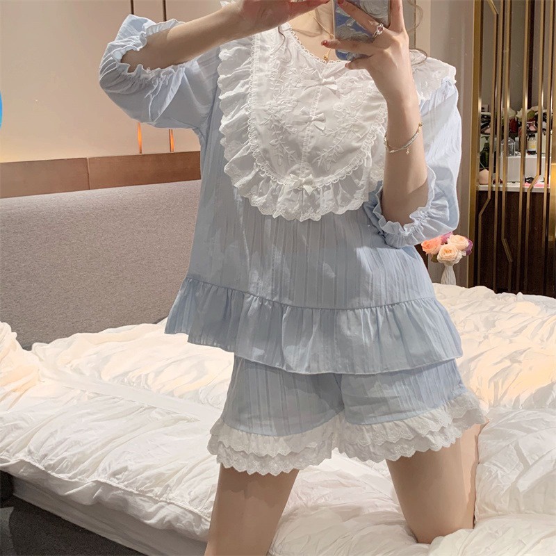 Set bộ mặc nhà cổ tròn xanh pastel thêu hoa quảng châu