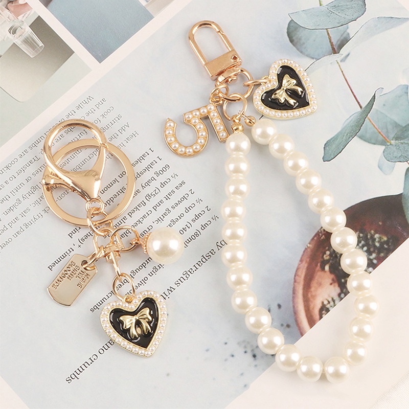 Móc chìa khóa phối hạt ngọc trai bằng hợp kim sáng tạo hình nơ/ ổ khóa/ trái tim trang trí cho túi xách