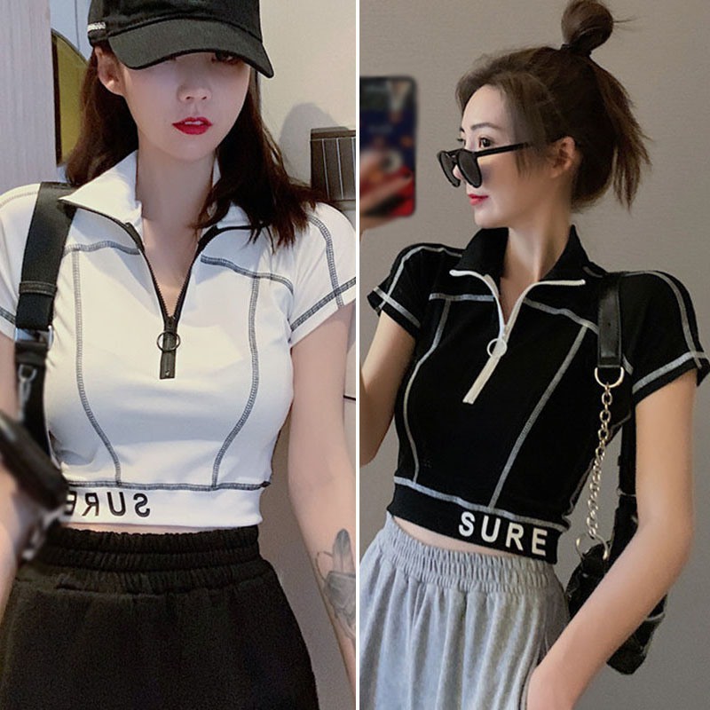 Áo dệt kim ngắn tay phối khóa kéo thời trang cá tính phong cách Hong Kong