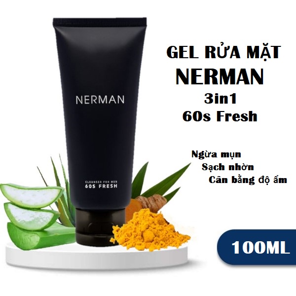 Sữa Rửa Mặt Nerman Dạng Gel Rửa Mặt Ngừa Mụn Cho Nam Giới Nerman Nano Curcumin 60s Fresh Facial Cleanser Gel 100ml