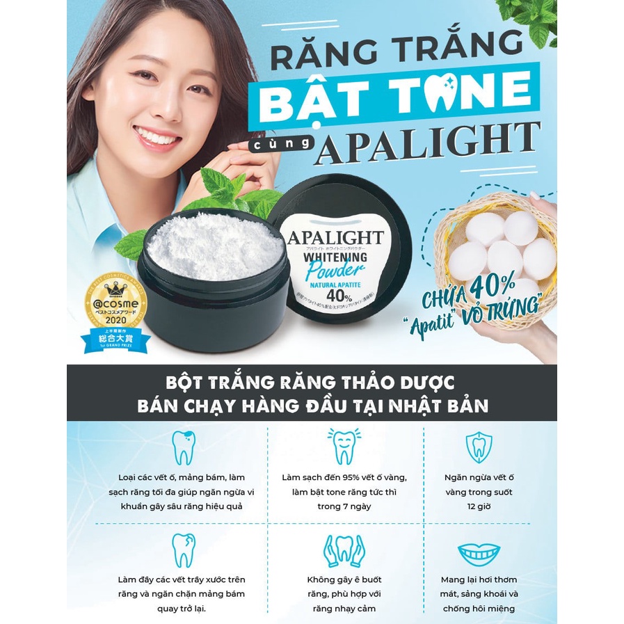 Bột làm trắng răng thơm miệng Apalight Nhật Bản, làm trắng loại bỏ mảng bám vết ố, ngừa hôi miệng và sâu răng 26gr